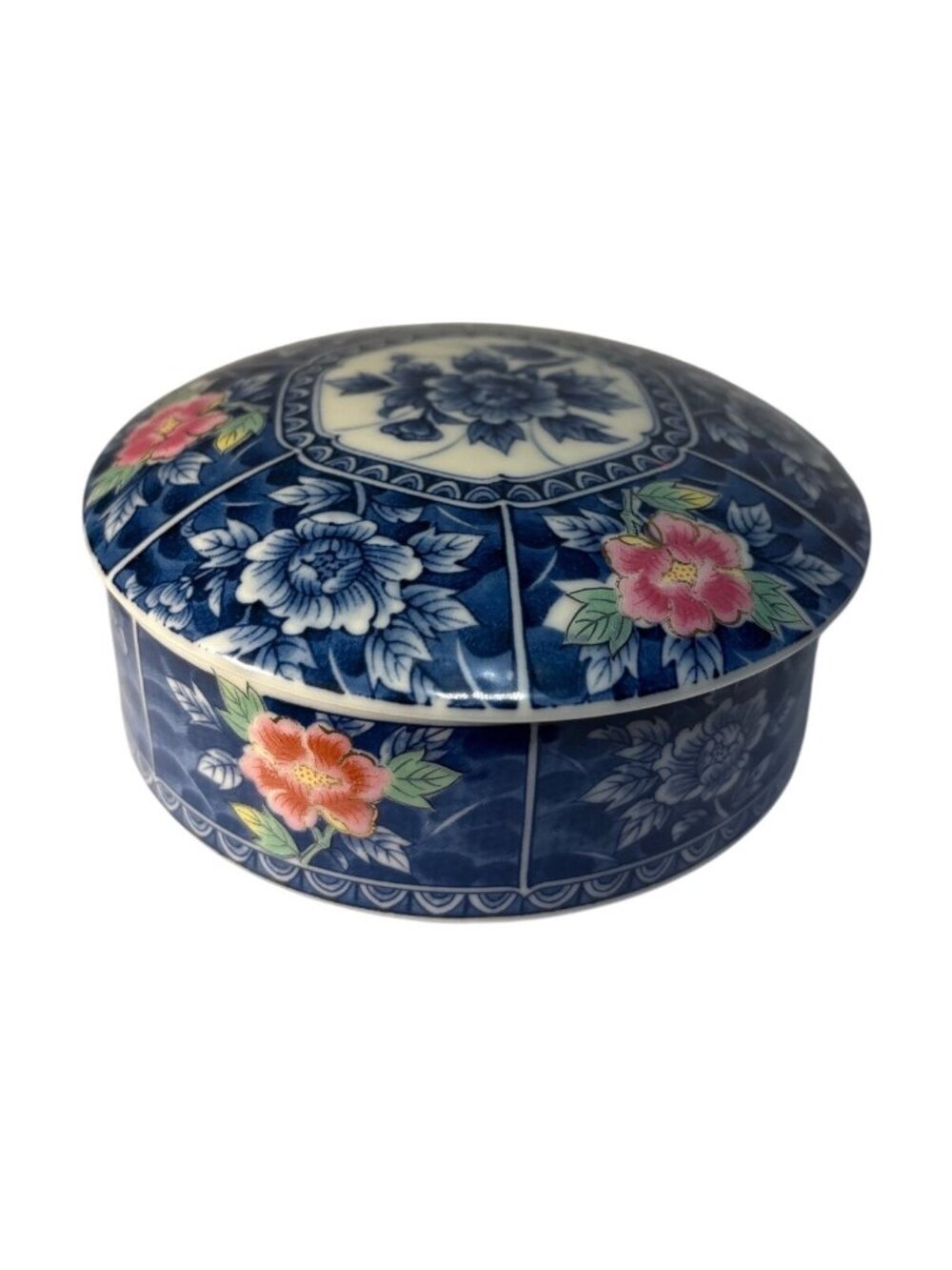 Decorative Porcelain Blue & White Floral Round Lidded Trinket Box 4.5 x 2.5"